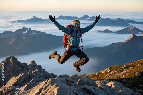 Victory at the Summit: Adventurer Leaping with Accomplishment and Freedom Amidst Serene Landscapes