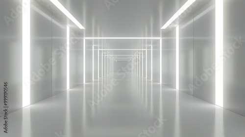 3D Room with White Background: Abstract Space Technology Tunnel Stage Floor and Futuristic Corridor Render