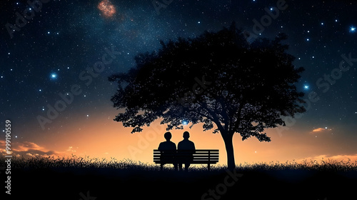 Two People Relaxing on a Bench Under a Starry Sky