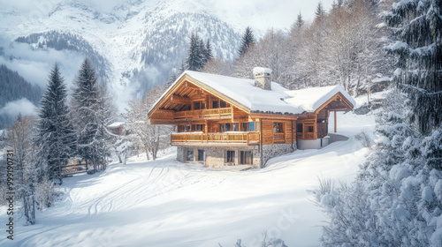 A cozy wooden cabin nestled in a snow-covered winter landscape, surrounded by snow-laden trees and mountains under a clear sky.