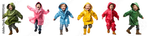 Diverse kid in raincoat full body png cut out element set photo