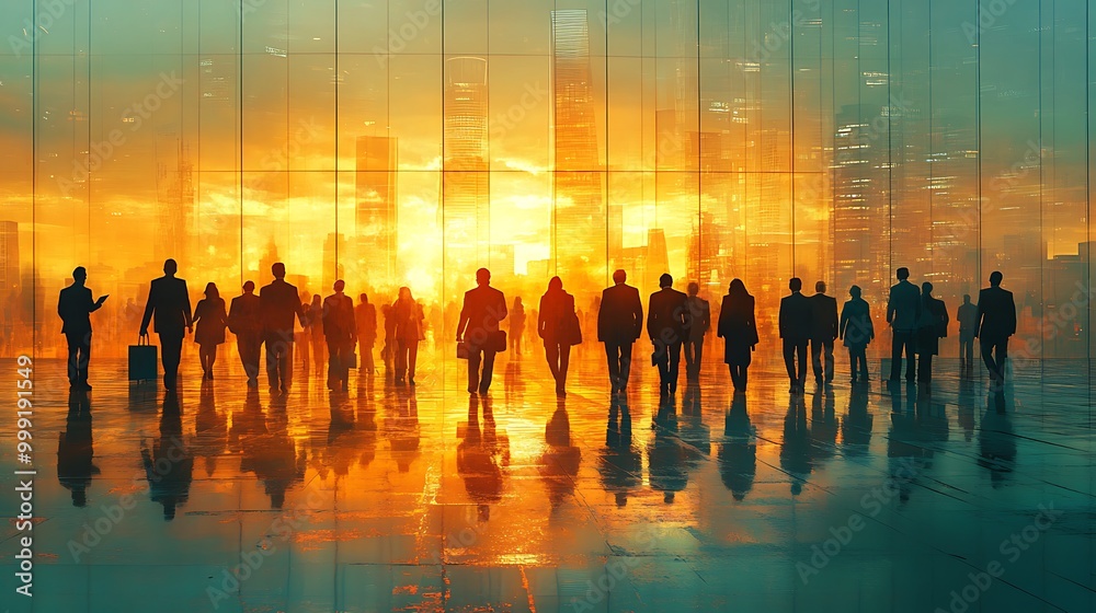 Silhouettes of people walking towards a bright city skyline, symbolizing ambition, progress, and a promising future. Silhouettes of people walking towards a bright city skyline, symbolizing ambition, progress, and a promising future.