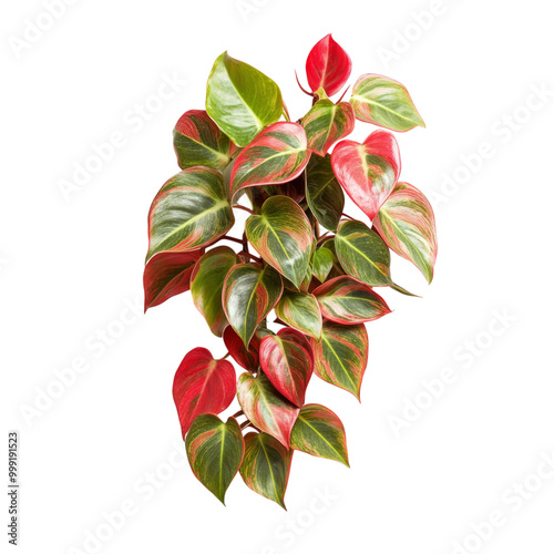 Floral vector illustration of red and green leaves, branch of red rose, and red and white flower