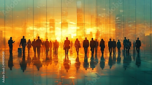 Silhouettes of people walking towards a bright city skyline, symbolizing ambition, progress, and a promising future.