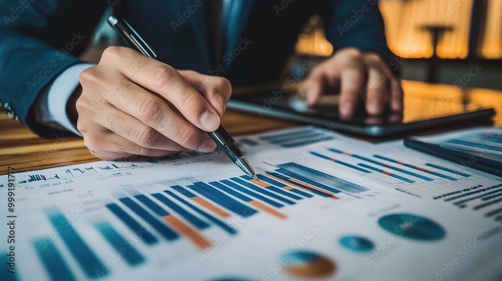 Businessman Analyzing Data with Tablet in Office Setting Businessman Analyzing Data with Tablet in Office Setting
