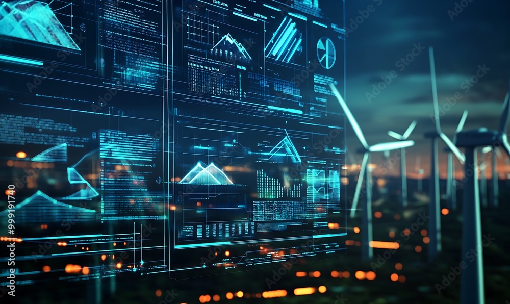 Obraz premium Digital Interface Showcasing Green Tech Projects with Renewable Energy Data