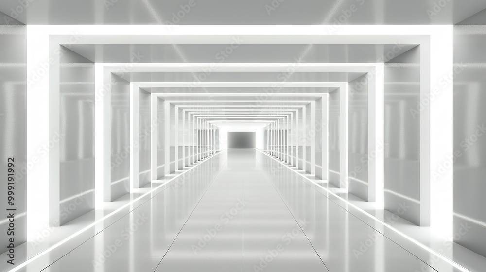 Empty 3D Neon Background Studio: White Background with Futuristic Corridor and Silver Road Design Empty 3D Neon Background Studio: White Background with Futuristic Corridor and Silver Road Design