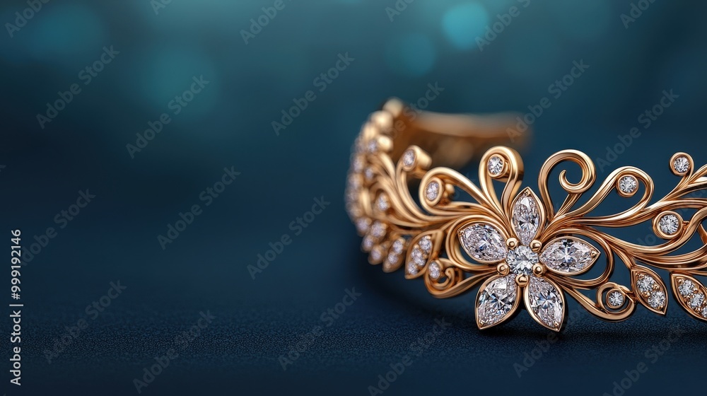 Fototapeta premium Elegant Gold Bracelet with Diamond Flower Design on Blue Background
