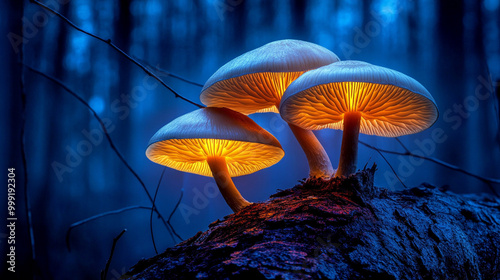 glowing mushrooms grows on a tree trunk in a mystical forest, casting an ethereal light. The enchanted scene evokes themes of mystery, nature's magic, and hidden realms photo