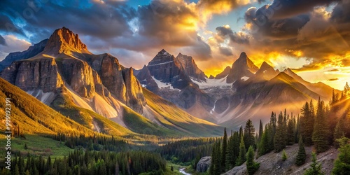 Golden Hour Light cascades across the mountain range, illuminating rugged peaks and valleys in warm hues, as morning sunbeams dance across the landscape. photo