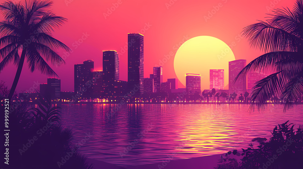 Fototapeta premium Synth wave retro miami city landscape background at sunset, digital illustration. Retro Illustration