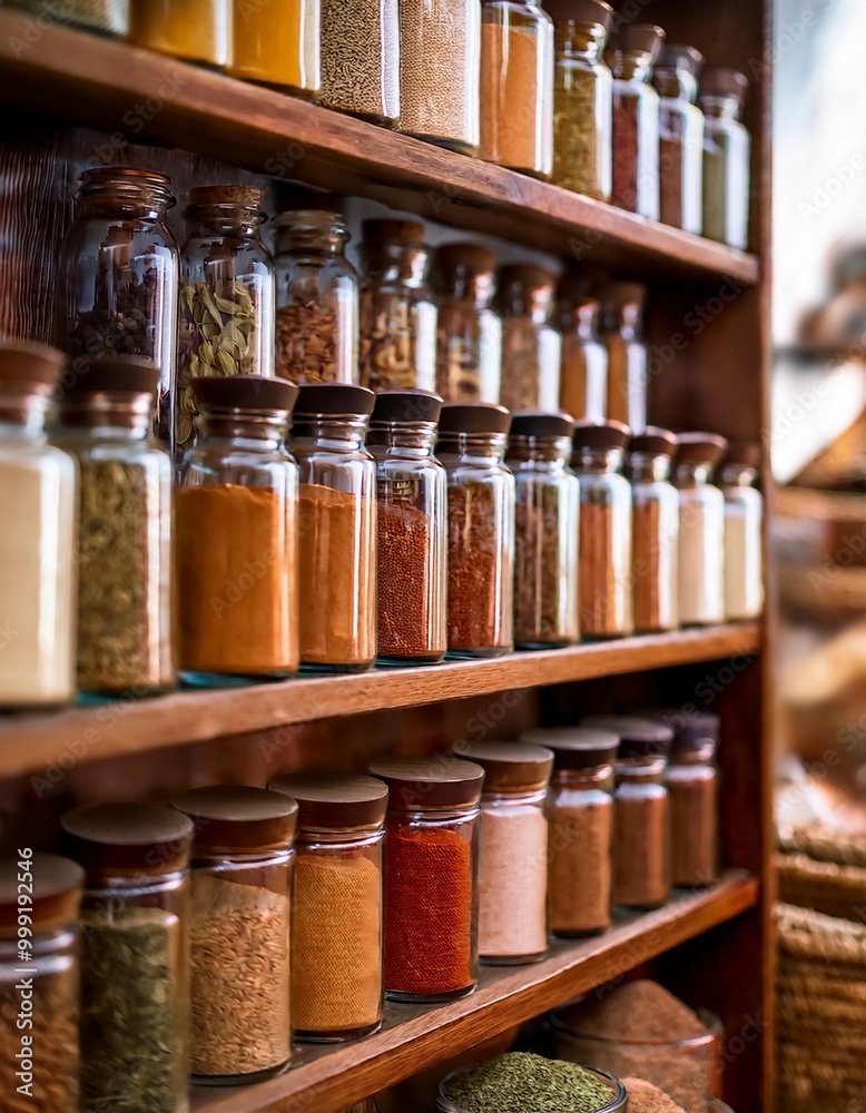 Traditional spice racks with depth of field featuring assorted spices and cultural heritage Traditional spice racks with depth of field featuring assorted spices and cultural heritage