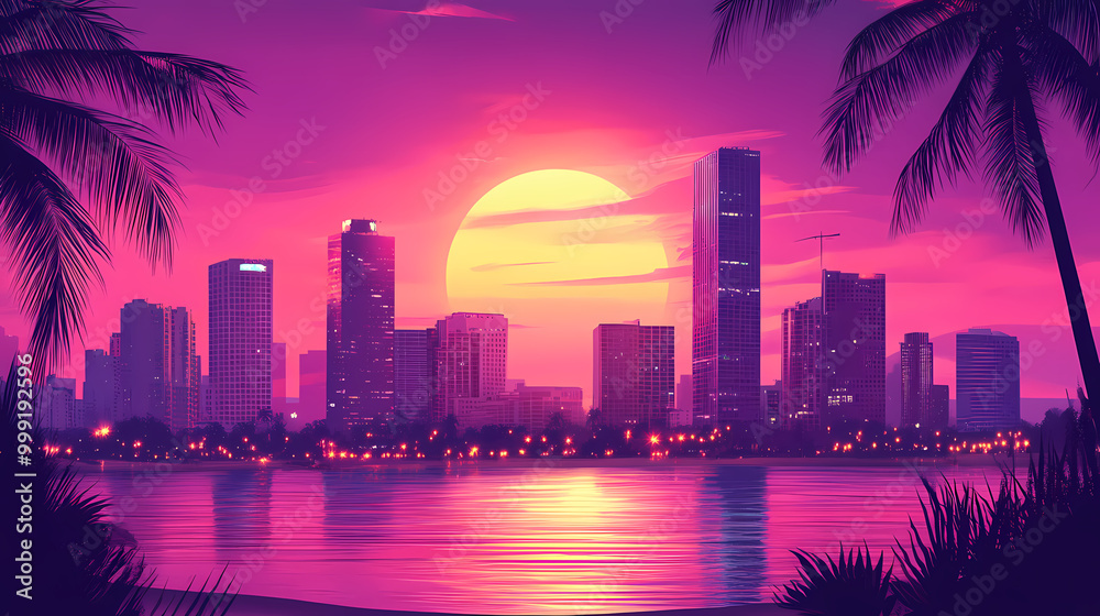 Obraz premium Synth wave retro miami city landscape background at sunset, digital illustration. Retro Illustration