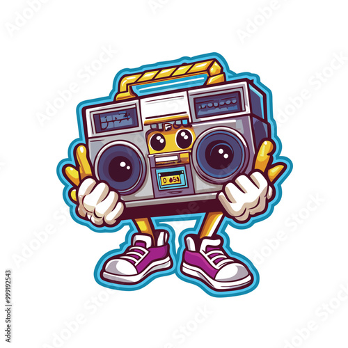 Cartoon character of a cassette tape with a boombox.