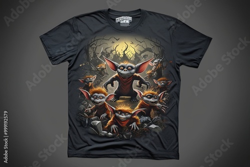 Haunting Graphic Tee Style Showcasing Fiendish Gremlins Amidst Chaotic Mischief on a Smoke-grey Background photo