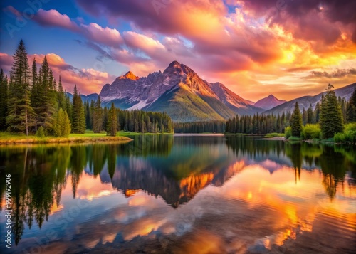 Golden hour radiates across tranquil mountain lake waters reflecting hues of pink orange and purple