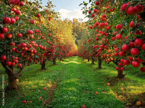 Experience the beauty of a vibrant apple orchard filled with ripe red fruits under a clear blue sky in autumn