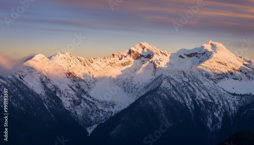 Serene snow-capped peaks at sunrise with golden light touching the mountain tops