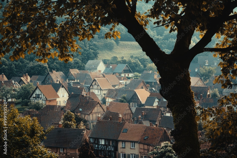 Charming autumn village scene with colorful foliage Charming autumn village scene with colorful foliage
