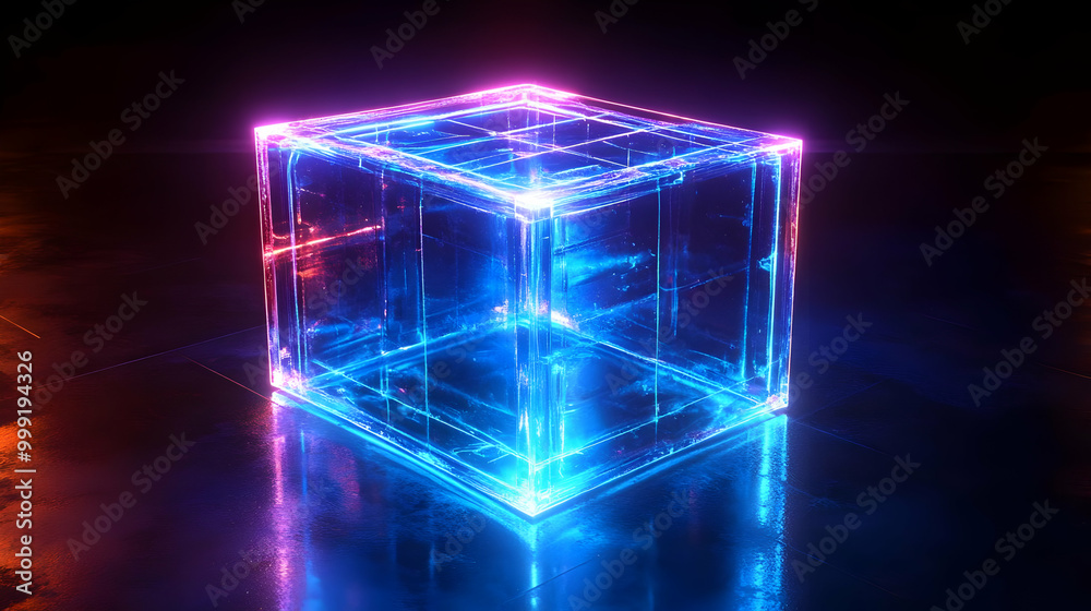 Glowing Cube with Neon Lights Reflecting on Dark Surface Glowing Cube with Neon Lights Reflecting on Dark Surface