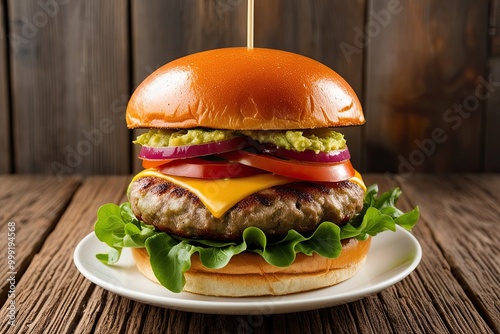 Hearty Classic Turkey Burger on Rustic Wooden Background for a Delicious Dinner Option