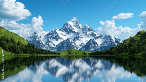 Picturesque Mountain Lake Landscape with Snow capped Peaks and Blue Sky