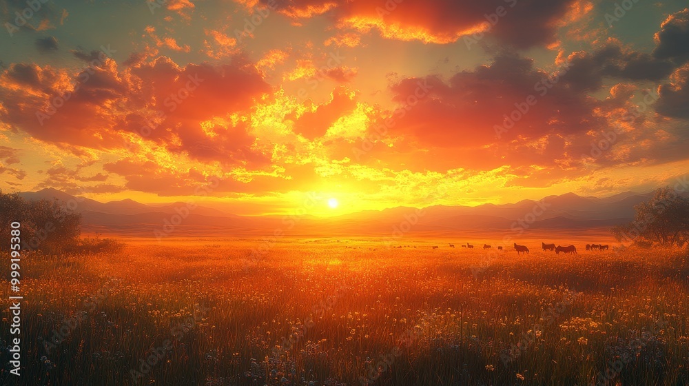 A commercial 8k photo of a vast plain with grazing fields and an open sky environment, infused with elements of heroic fantasy, featuring a knight and a dragon skull, with a golden sunset A commercial 8k photo of a vast plain with grazing fields and an open sky environment, infused with elements of heroic fantasy, featuring a knight and a dragon skull, with a golden sunset