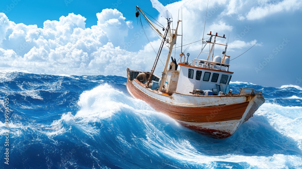 Obraz premium Fishing boat braves high waves under blue skies