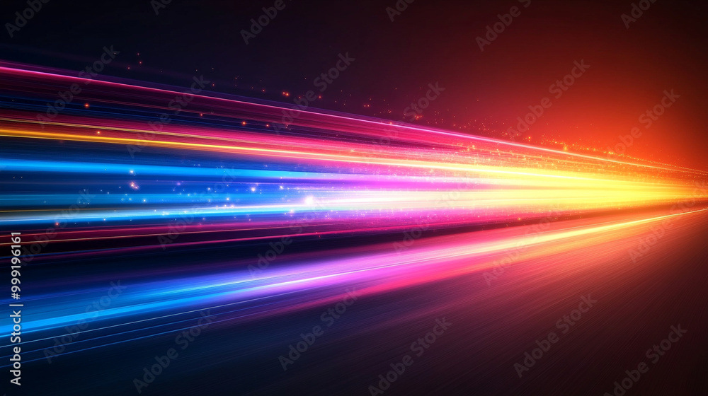 dynamic, abstract composition featuring geometric shapes and light streaks in a futuristic techno style. The glowing lines create a sense of motion and speed, symbolizing progress, innovation, and ene