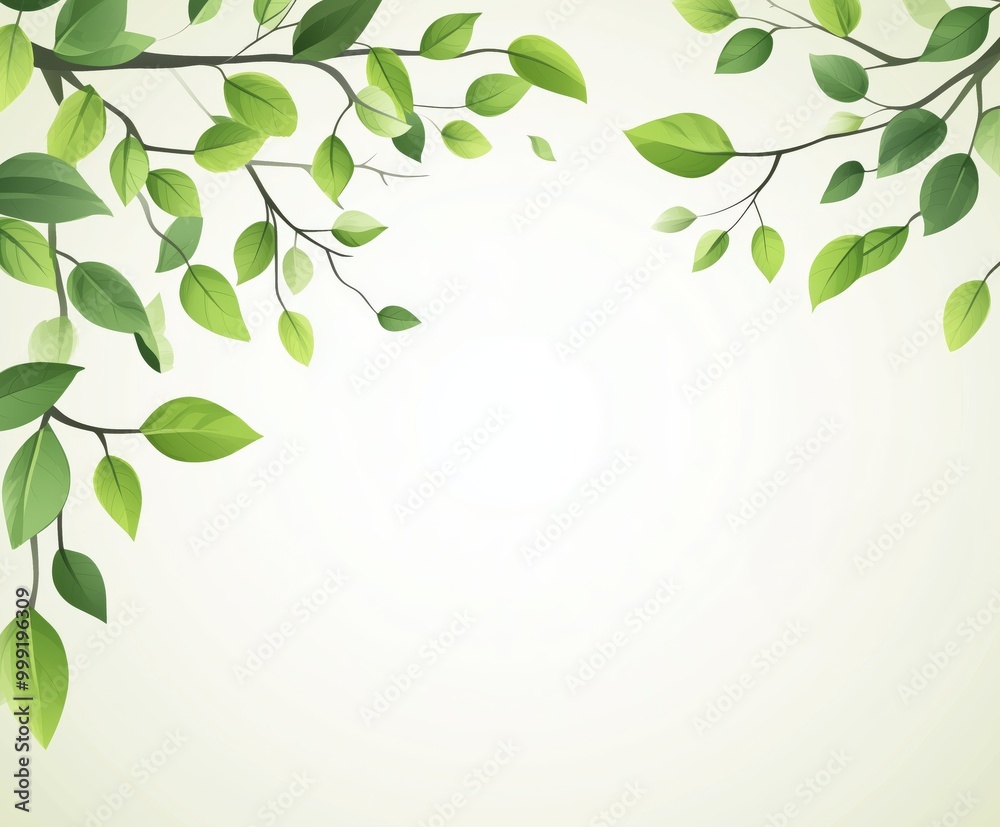 Obraz premium Illustration of green leaves on delicate branches, with ample white space in the center. The minimalist design evokes nature, freshness, and tranquility, perfect for eco-friendly themes.