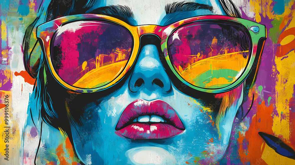 Vibrant street graffiti featuring a stylish woman wearing colorful sunglasses, blending urban art with expressive color splashes. Kinetic Art. Illustration Vibrant street graffiti featuring a stylish woman wearing colorful sunglasses, blending urban art with expressive color splashes. Kinetic Art. Illustration