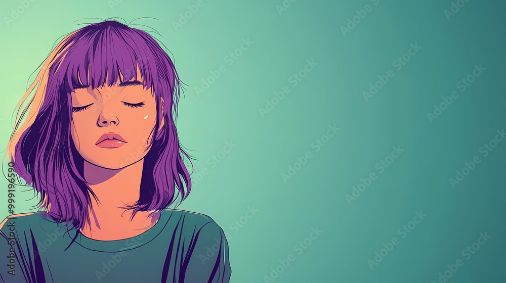 Young girl purple hairs lost in lo-fi music , anime style flat illustration green background with space for text. . beautiful simple ai generated image in unique. Anime Style. Illustration Young girl purple hairs lost in lo-fi music , anime style flat illustration green background with space for text. . beautiful simple ai generated image in unique. Anime Style. Illustration