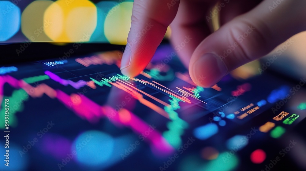 Hand Touching Digital Display with Colorful Graphs