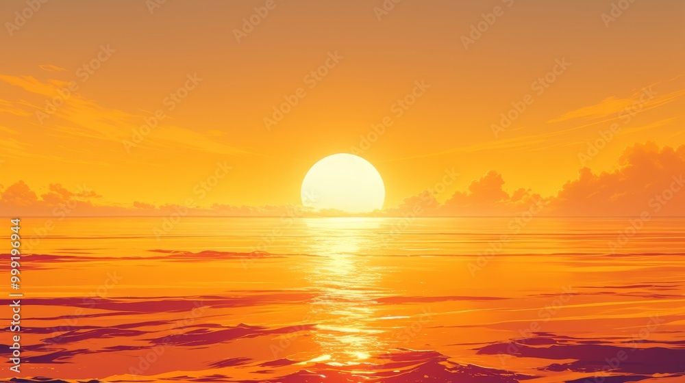 Serene Sunset Beach Scene: Warm Hues of Yellow and Orange Tranquil Waters Serene Sunset Beach Scene: Warm Hues of Yellow and Orange Tranquil Waters
