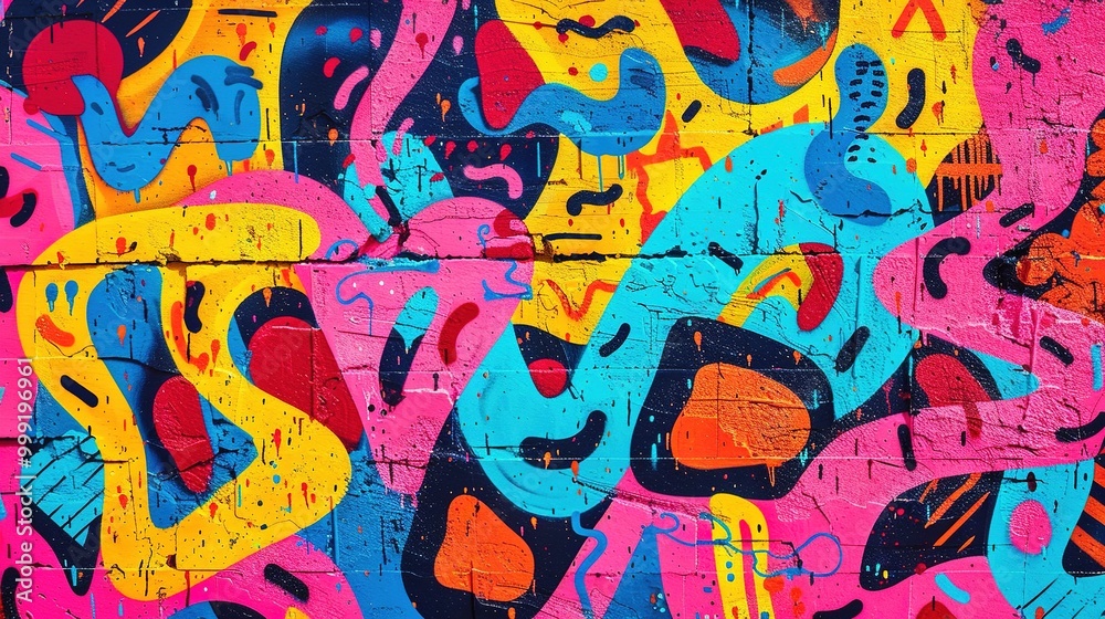 Bright Pop Art Graffiti Wall Textured Background Wallpaper Design with Vivid Neon Color Palette Bright Pop Art Graffiti Wall Textured Background Wallpaper Design with Vivid Neon Color Palette