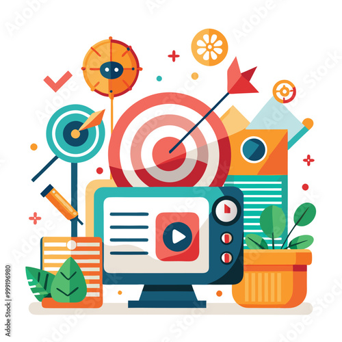 An abstract vector illustration representing addressable tv advertising, with a computer monitor displaying a video player, a target with an arrow through the center, and a checklist