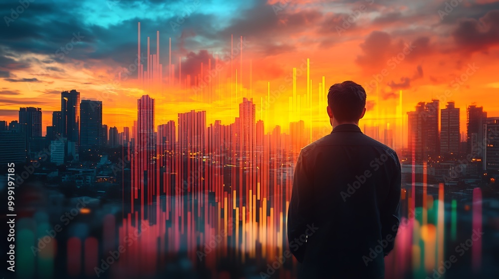 A businessman looks out at the cityscape with a chart overlayed in the foreground. A businessman looks out at the cityscape with a chart overlayed in the foreground.