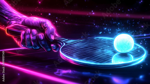 Neon Glow Table Tennis Racket & Ball, a Visual Masterpiece