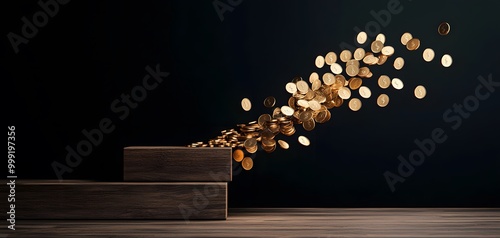 An elegant cascade of gold coins tumbles down a wooden staircase against a dark background, evoking wealth and movement. Falling Interest Rate Concept