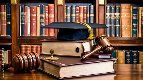 Law education, legal educational study, a school for lawyers, legislation, litigation, judicial knowledge learning concept with court judge gavel and textbook with a mortarboard on books in a library.