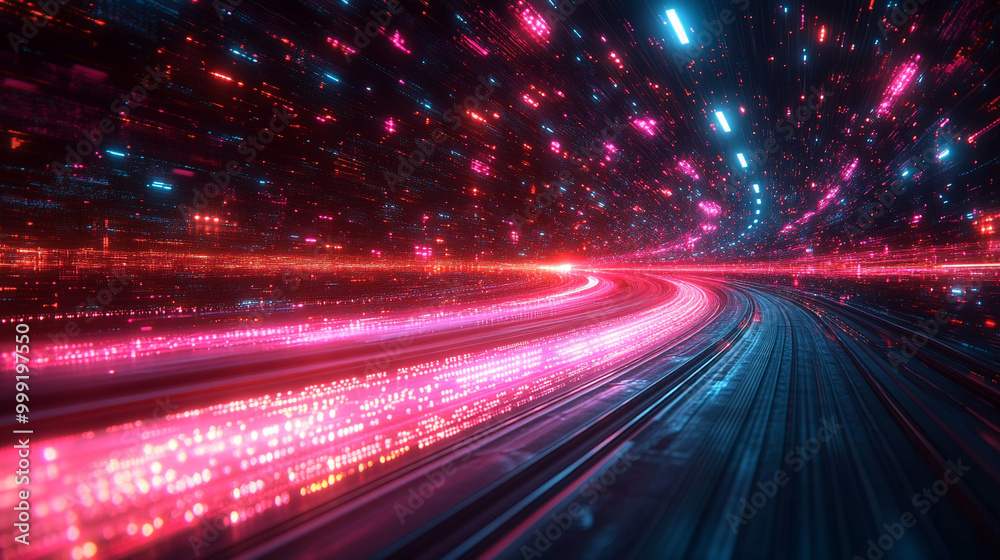 Obraz premium dynamic, abstract composition featuring geometric shapes and light streaks in a futuristic techno style. The glowing lines create a sense of motion and speed, symbolizing progress, innovation, and ene