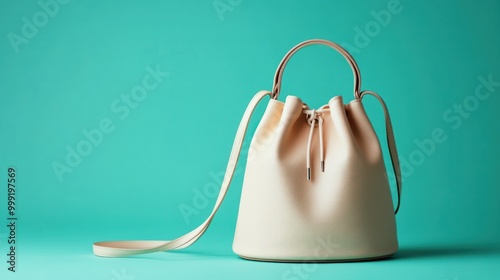 A chic bucket bag in beige leather with a drawstring closure, isolated on a pastel turquoise background