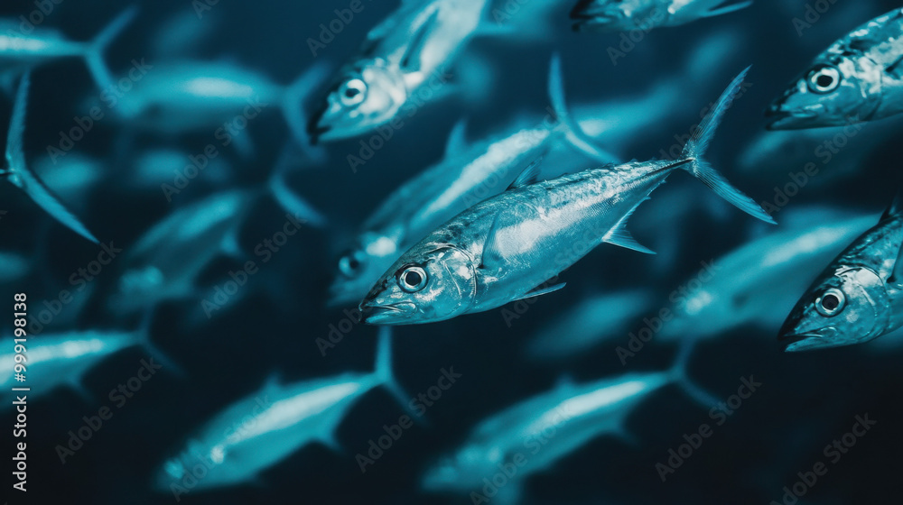 Fototapeta premium A school of silver fish swimming in deep blue ocean waters, showcasing the beauty of marine life.