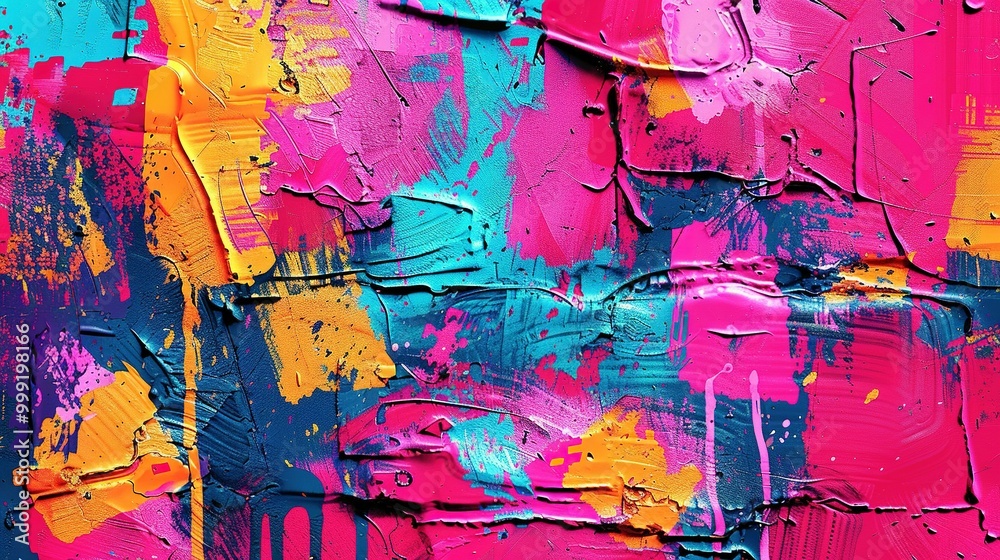 Naklejka premium Vivid Neon Color Palette: Bright Pop Art Graffiti Wall Textured Background Wallpaper Design