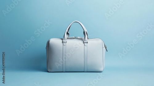 A lady weekender bag in light gray with spacious compartments, isolated on a pastel blue background photo