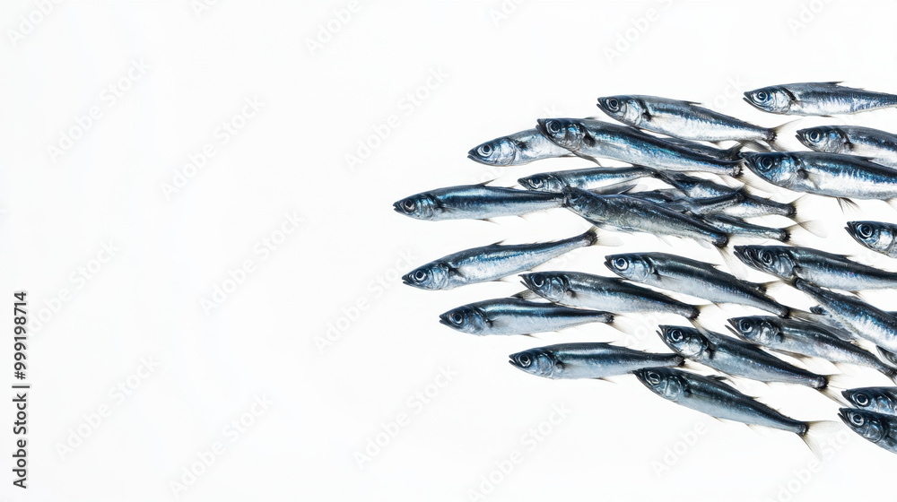 A school of silver fish swim together on a stark white background, creating a minimalist and serene composition. A school of silver fish swim together on a stark white background, creating a minimalist and serene composition.