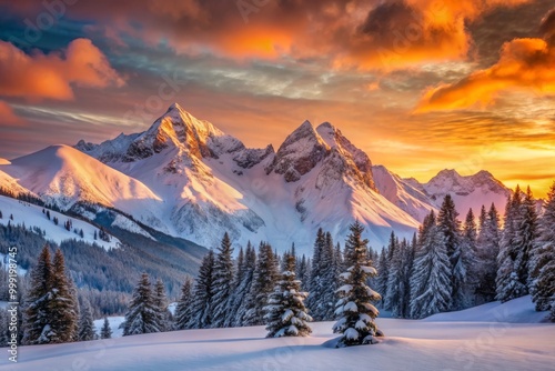 Breathtaking sunrise casts a warm glow on snow-capped peaks, illuminating a serene alpine scene with soft pink and orange hues.