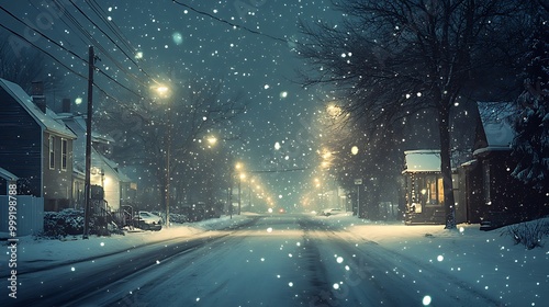 Generative AI Image of Village Countryside Path Way Warm Lamp at Night Winter Snowfall Wallpaper