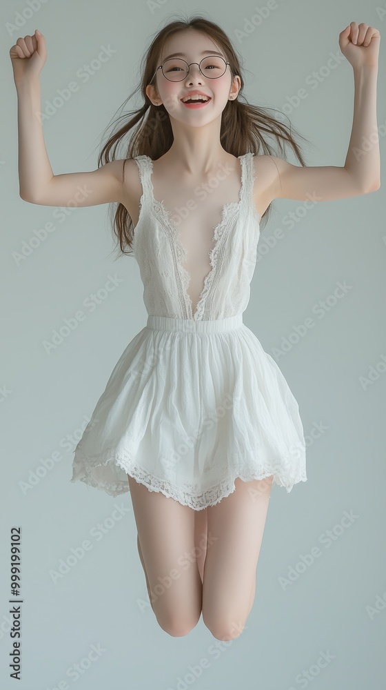 Young woman in glasses and white dress happily jumping with arms raised, exuding joy and excitement. Young woman in glasses and white dress happily jumping with arms raised, exuding joy and excitement.
