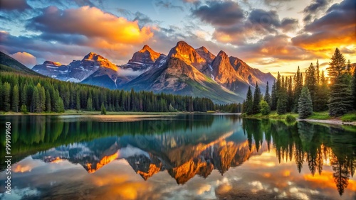 Serene mountain lake surrounded by majestic peaks comes alive at dawn as soft golden light crescendos into vibrant sunrise hues